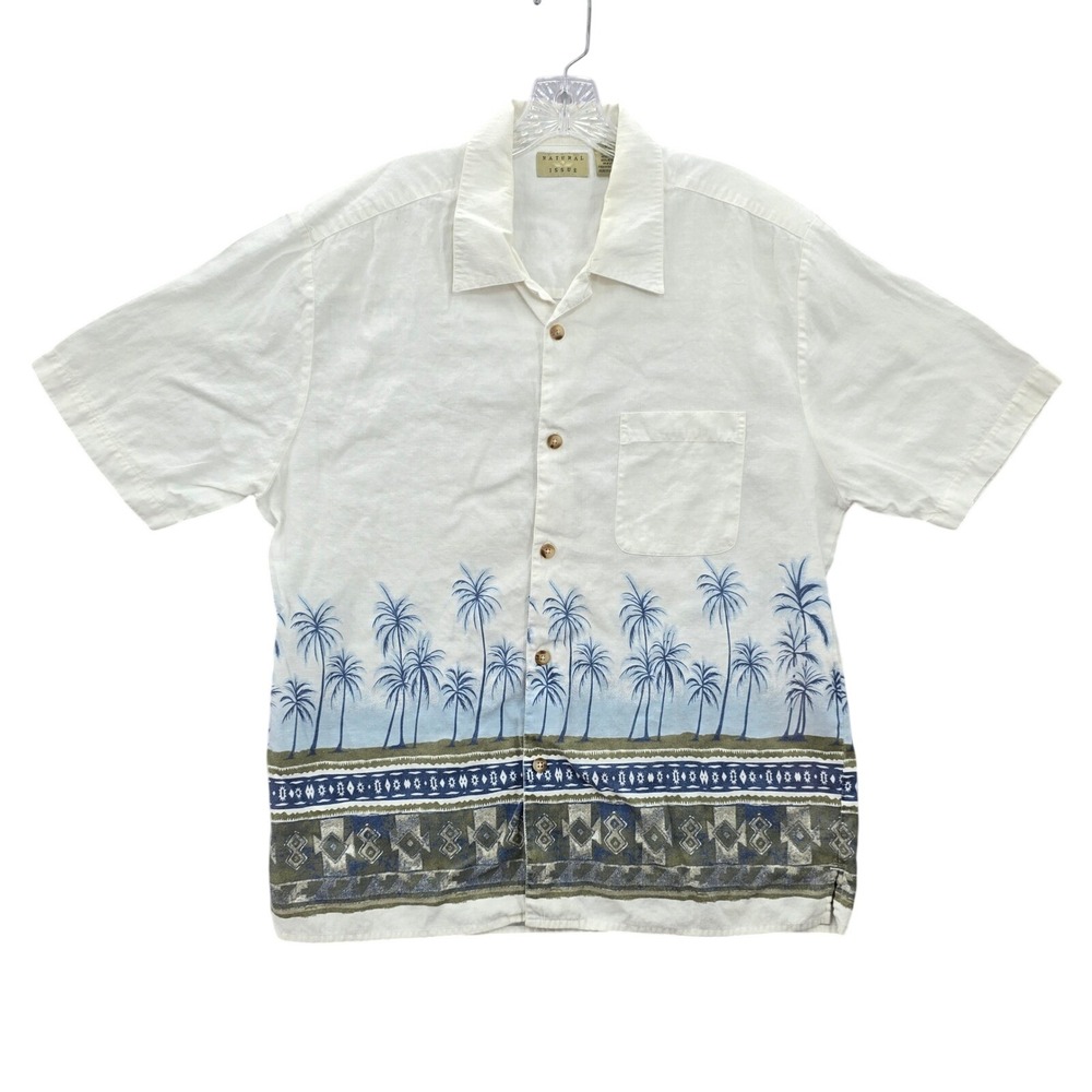 Natural Issue White Beach Palm Tropical Surf Island Relaxed Hawaiian Shirt Large